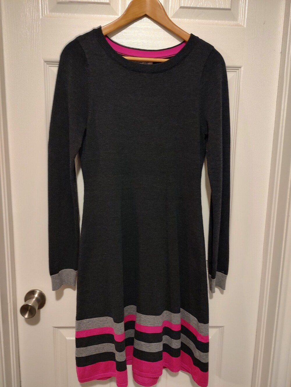 Long Sleeve Knit Dress with Pink Stripe Accent